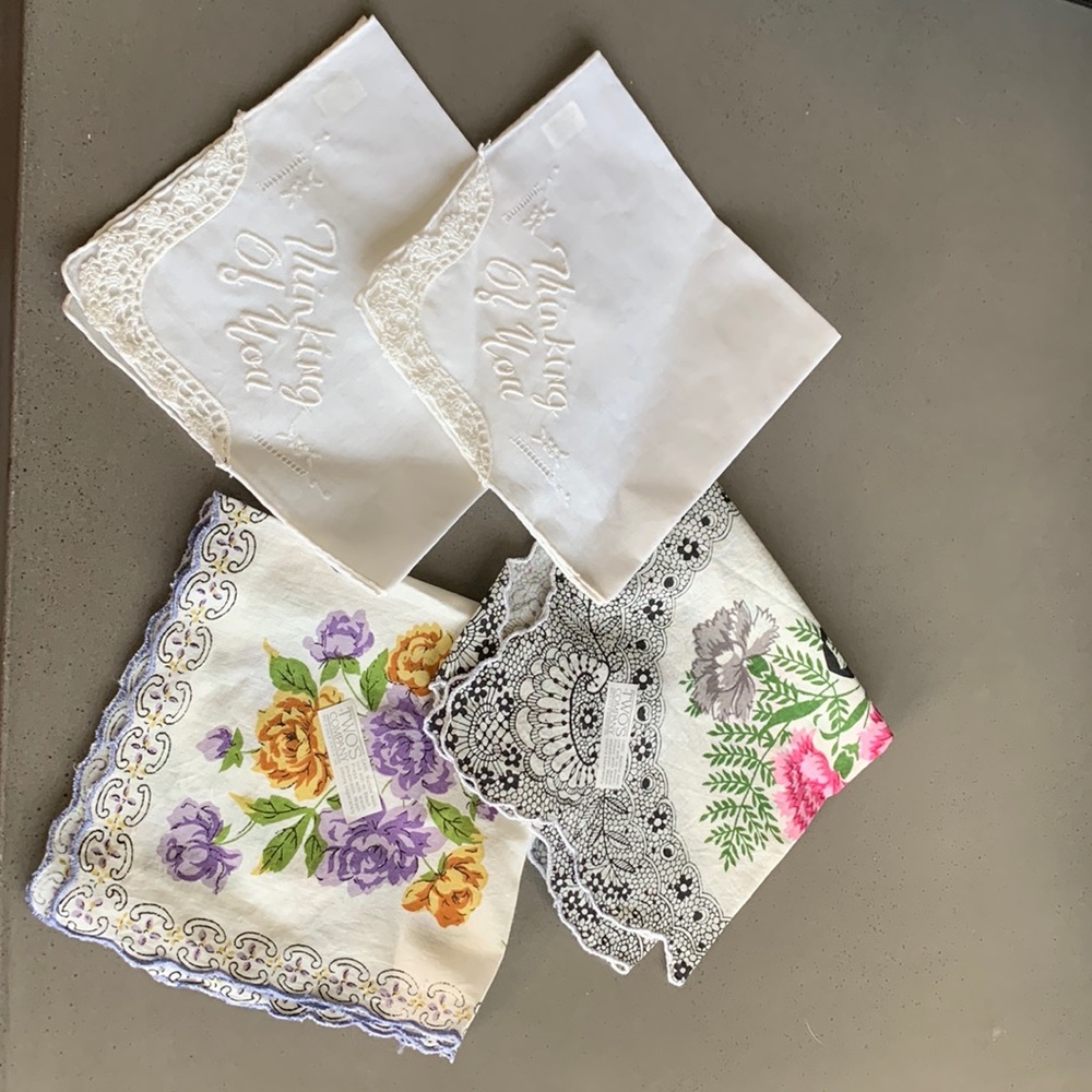 4 Vintage Handkerchiefs. All with stickers.